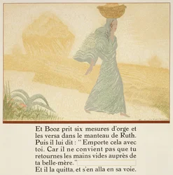 Boaz dał Ruth sześć miarek jęczmienia, aby zaniosła jej teściowej, z „Ruth et Booz”, przekład J.C. Mardrus, opublikowany w 1930 r.